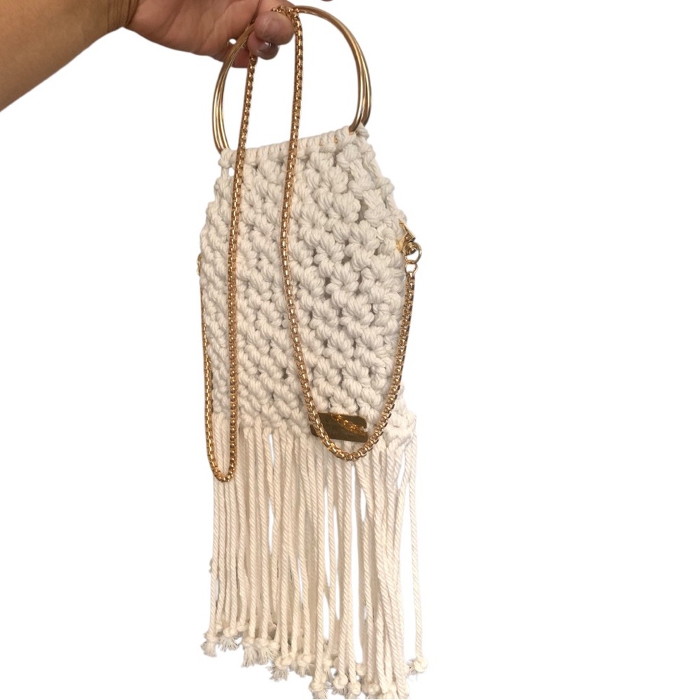 Handmade Gold-Handle Cream Macramé Fringe Mini Bag